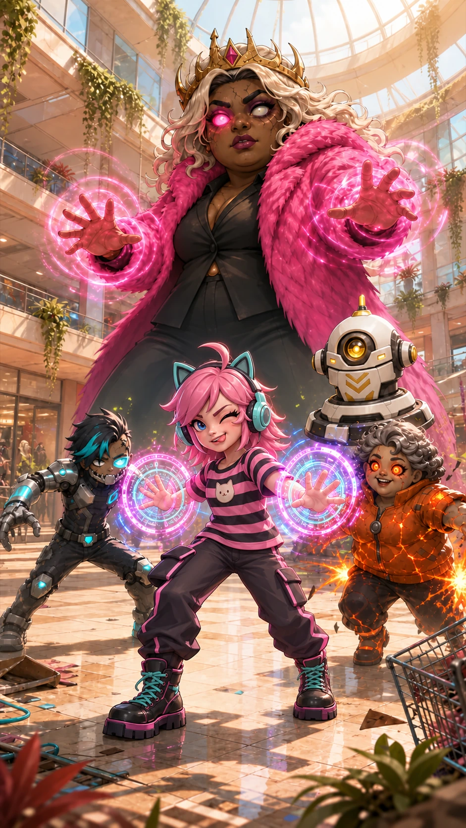 Nyx faces a boss in a shopping mall. Promotional artwork for Chapter 2, coming soon.