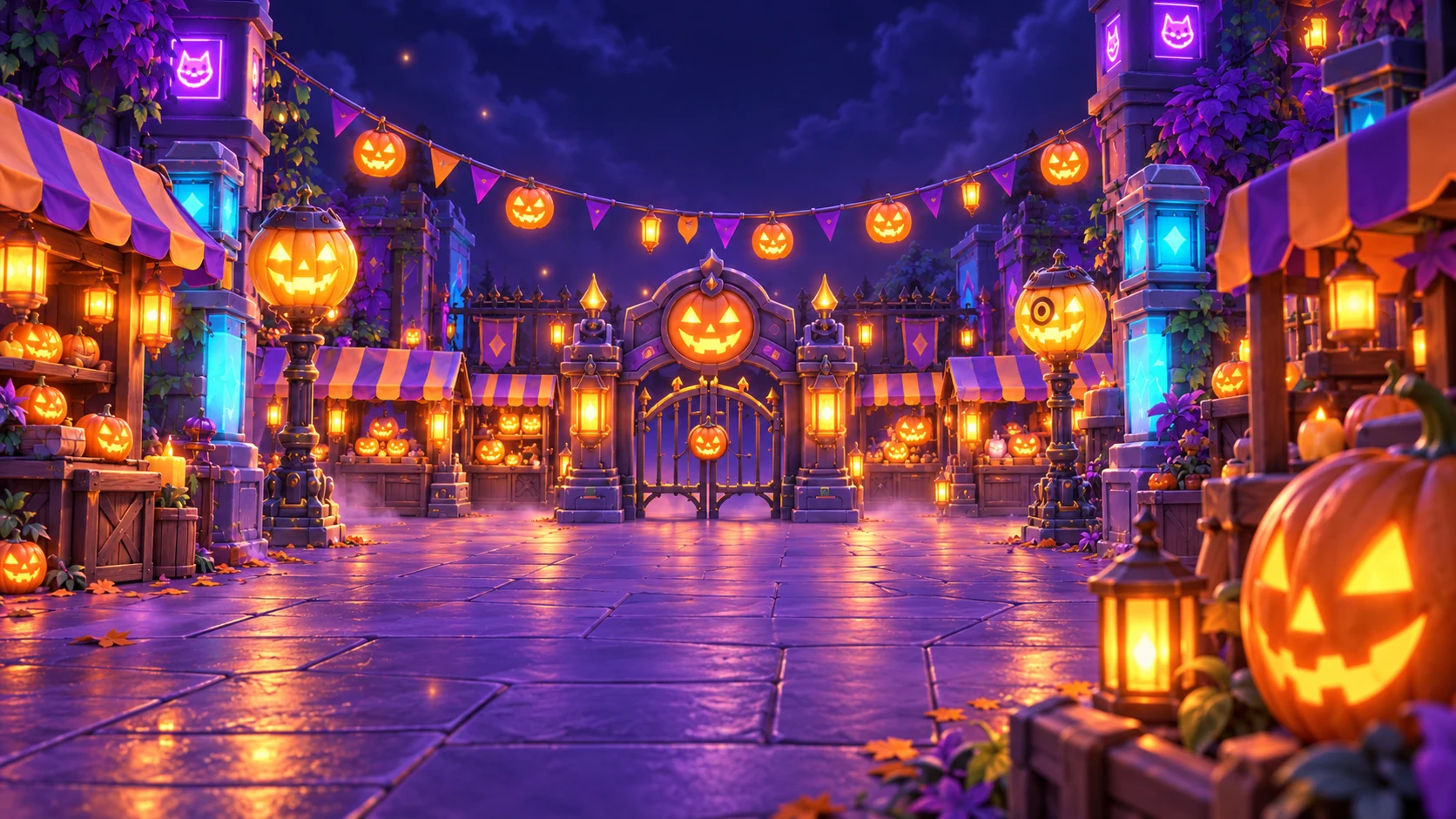 Midnight Patch's purple Halloween market, glowing pumpkin lanterns, striped stalls and jack-o-lantern gate