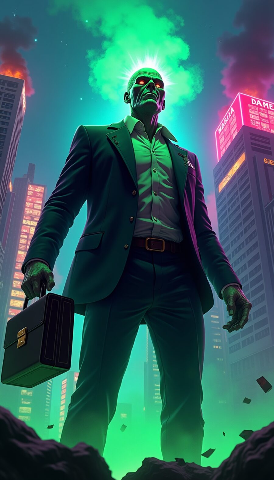 The CEO Overlord boss, a towering green-skinned zombie in a business suit holding a briefcase, looming over the city.