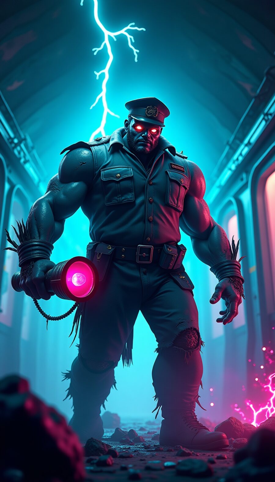 The Train Conductor Zombie, a hulking transit worker with glowing red eyes, lit by a lightning bolt inside a subway car.