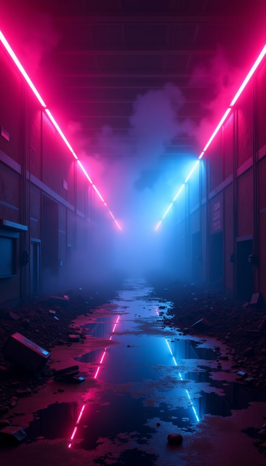 A fog-filled mall corridor lit by crossing magenta and cyan neon tubes.