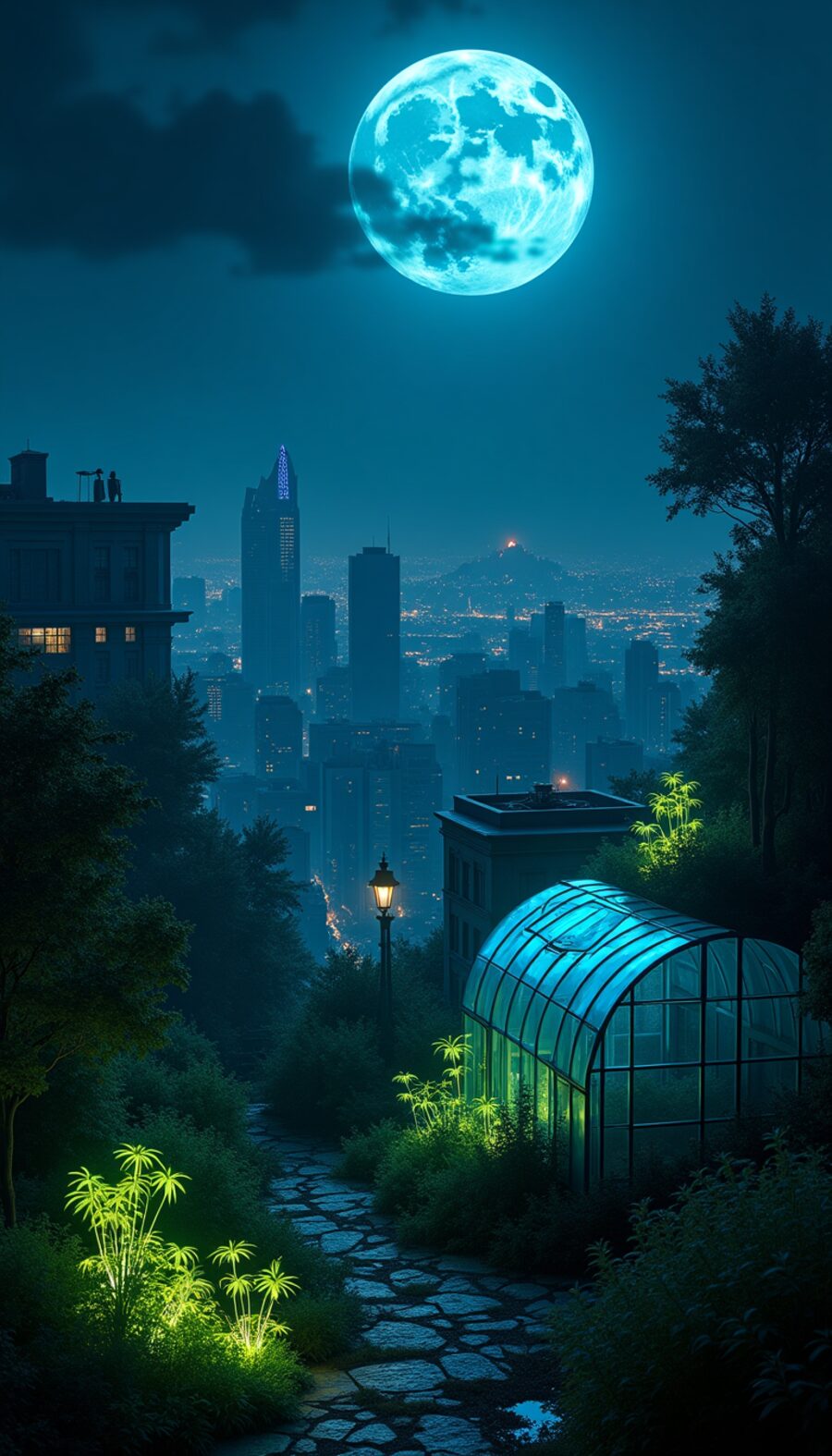 A moonlit rooftop garden overlooking the NeonDeath City skyline, with a glowing greenhouse dome.