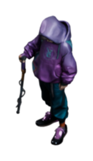Hoodie Hexer, a street mage in a glowing purple and teal hoodie, holding a chain weapon.